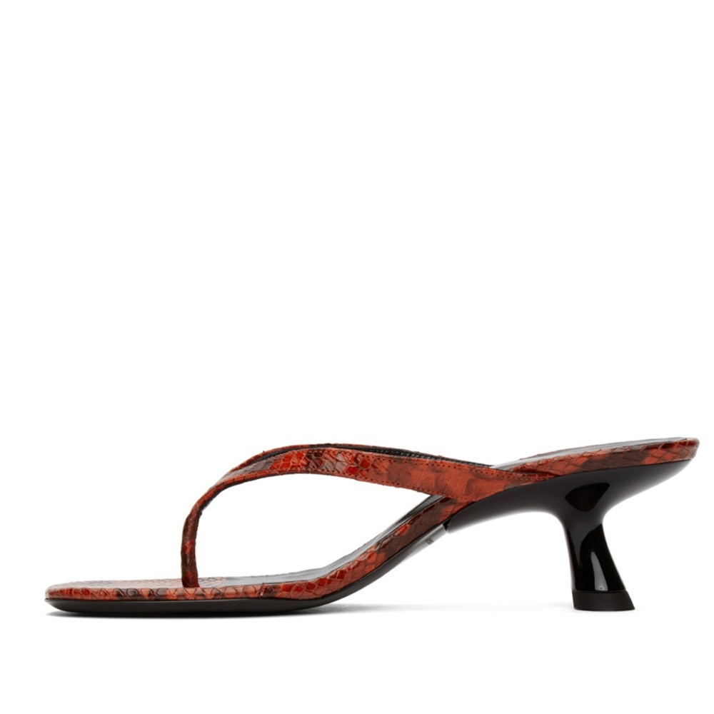 SIMON MILLER Red Lizard Beep Thong Heeled Sandals. Thong Kitten Heel.